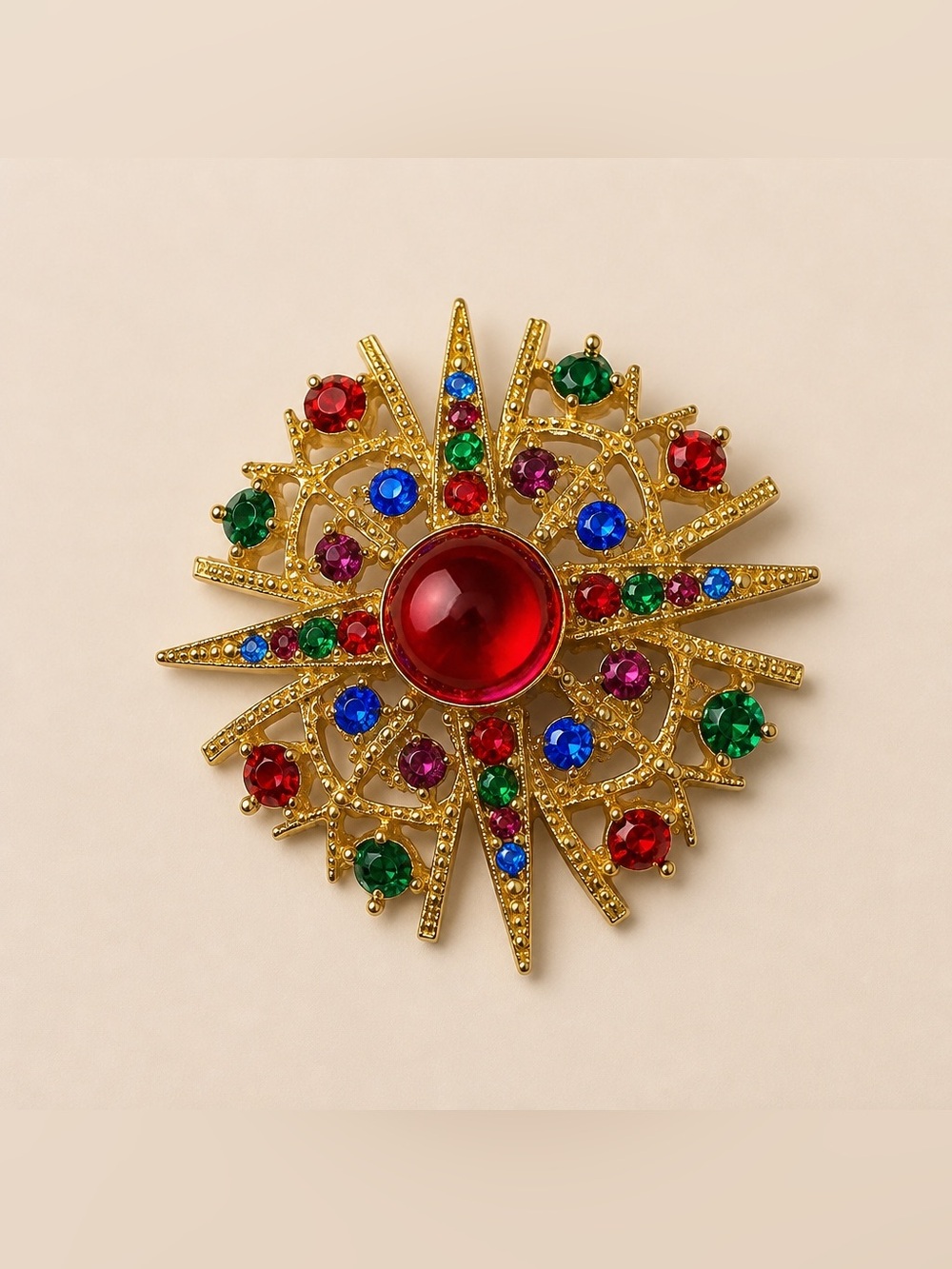 Gold Tone Vintage Starburst Brooch with Colorful Gemstones
